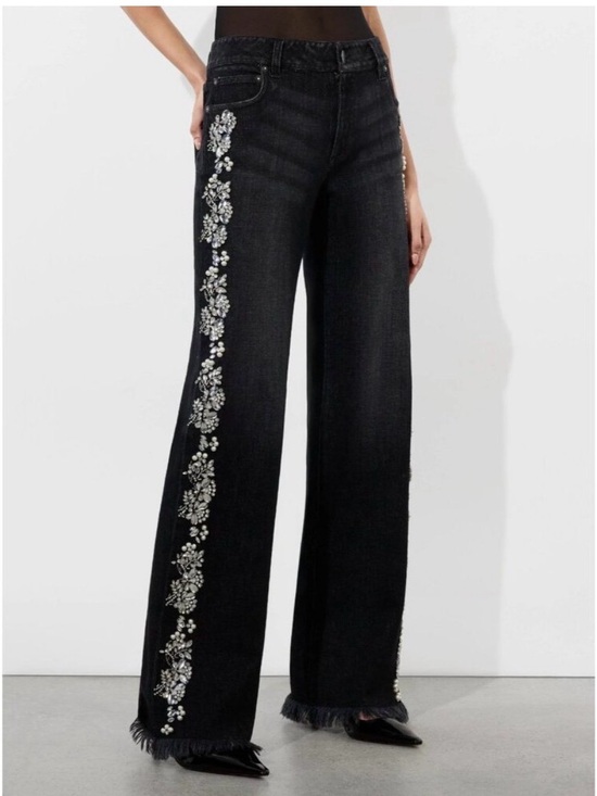 Alice + Olivia Denim - Alice + Olivia Black Wide-Leg Jeans with Silver Floral Embellishments
